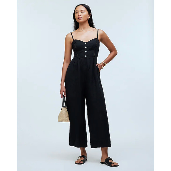 Madewell Sleeveless Wide Leg Jumpsuit 100% Linen Black Pockets Flowy US 12 NWT - Picture 1 of 15